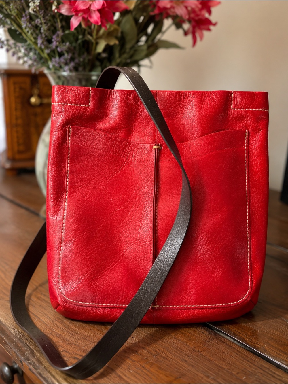 Christopher Kon red leather tote bag. Handmade genuine leather.
